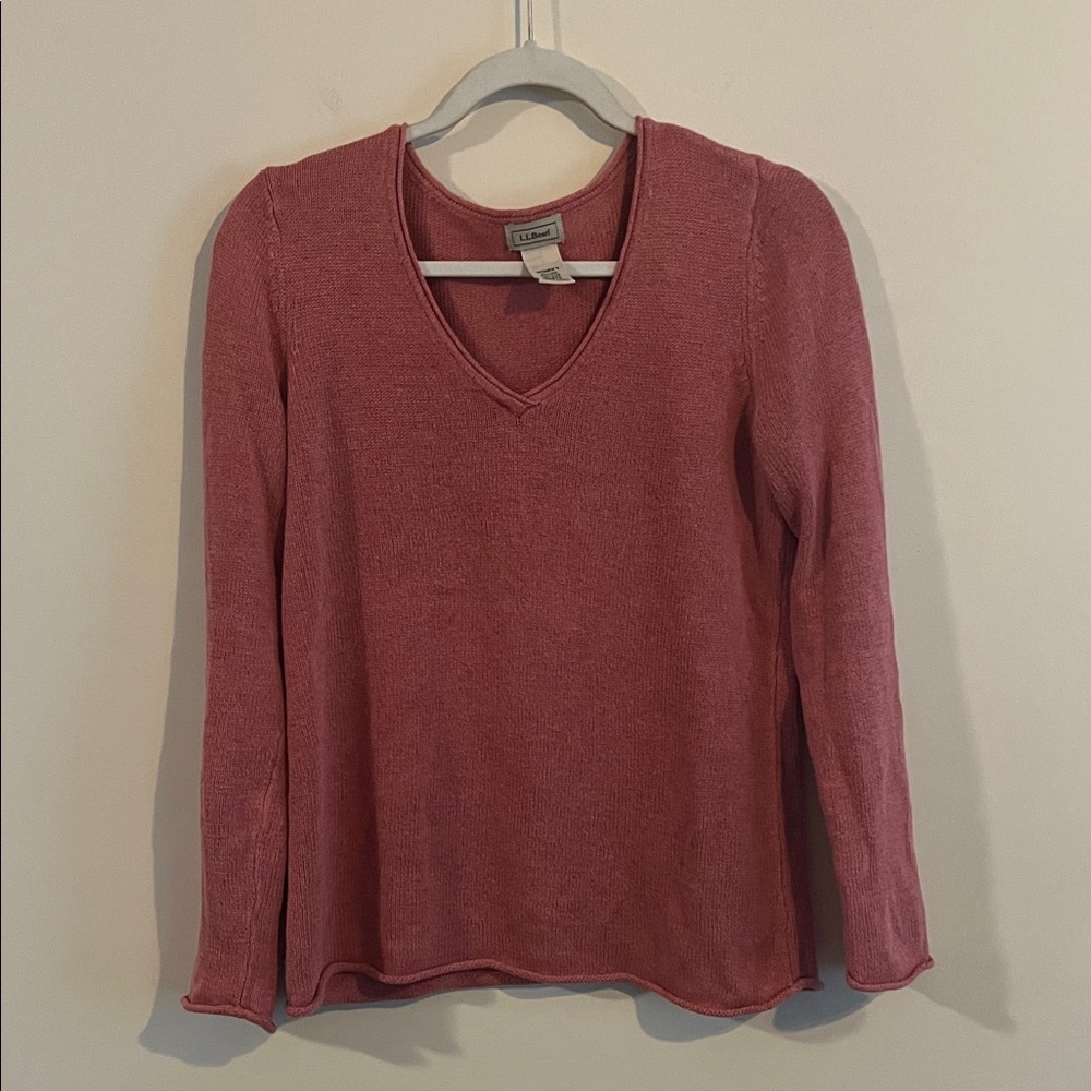 LL Bean Pink Knot Sweater V Neck Rolled Hem Cozy Casual Linen Cotton Fall Winter